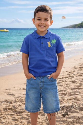 Летен комплект за момче от 2 части - риза с къс ръкав, яка и джоб комбинирана с къси дънкови панталони в синьо