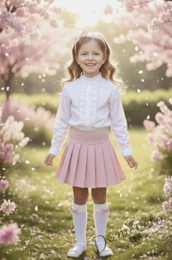 Комплект за момиче от 2 части-пола Тамара от трико в розово и риза с дълъг ръкав и къдрички в бяло