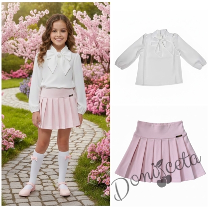 Комплект за момиче от 2 части - розова пола от трико Тамара и риза с дълъг ръкав и панделка