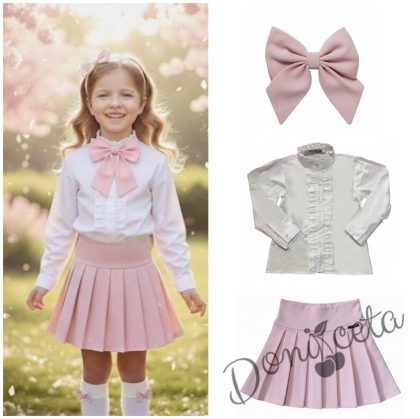 Комплект за момиче от 3 части-пола Тамара от трико в розово, риза с дълъг ръкав и къдрички в бяло и розова панделка 