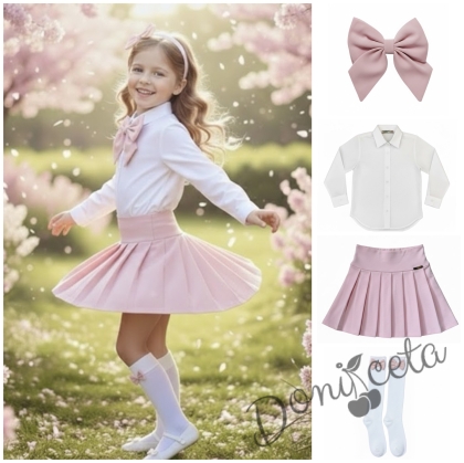 Комплект за момиче от 4 части-пола Тамара от трико в розово, риза с дълъг ръкав, панделка и чорапи с панделка