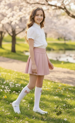 Комплект за момиче от 2 части - пола Тамара от трико в розово и риза с къс ръкав и къдрички в бяло