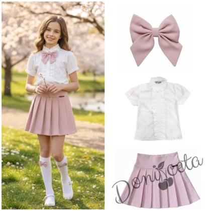 Комплект за момиче от 3 части-пола Тамара от плисе в розово, риза с къс ръкав в бяло с къдрички и панделка в  розово