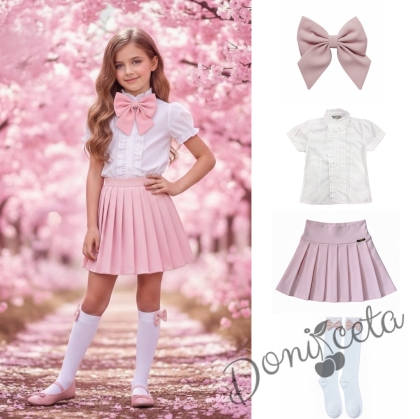 Комплект за момиче от 4 части-пола Тамара от трико и плисе в розово, риза с къс ръкав в бяло с къдрички, панделка в розово и чорапи с панделка