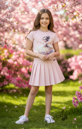 Комплект за момиче от 2 части-пола Тамара от трико и плисе в розово, блуза с къс ръкав в розово