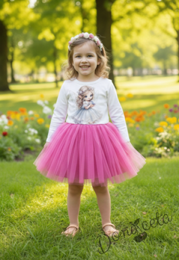 Детска ежедневна рокля с дълъг ръкав в розово с картинка на малка фея