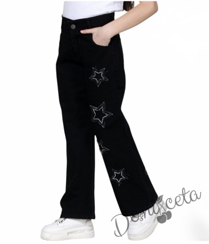 Детски дънки в черно за момиче със звездички