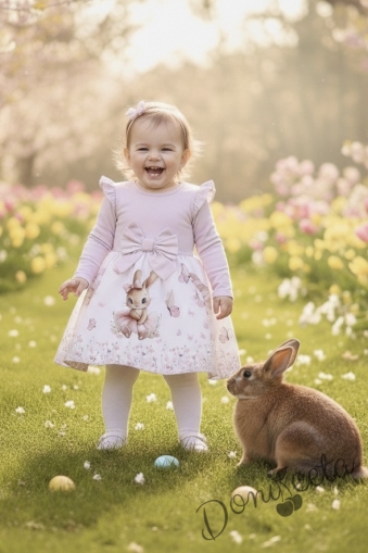 Детска рокля с дълъг ръкав в лилаво с къдрички, панделка и изображение на зайче-балерина