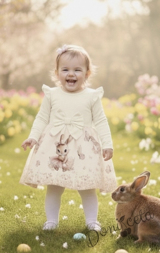 Детска рокля с дълъг ръкав в екрю с къдрички, панделка и изображение на зайче-балерина