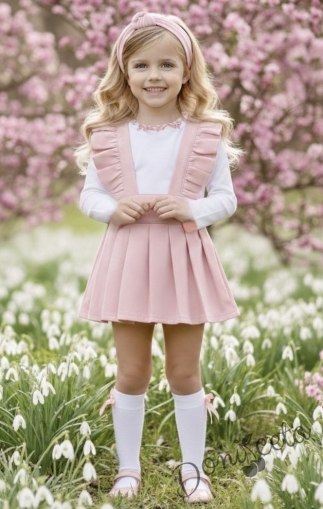 Детски Комплект трико за момиче от сукман в розово Гери с къдрички  и бяла блузка с дълъг ръкав с къдрички с розов завършек