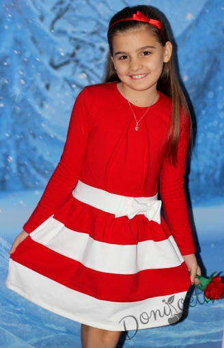 Детска ватирана рокля с дълъг ръкав в червено и бяло