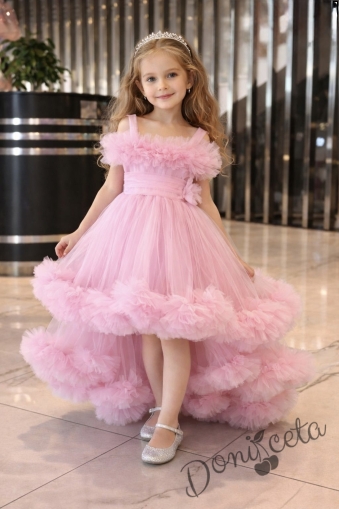 Официална празнична детска рокля Мелиса в розово с ефирен тюл с шлейф 