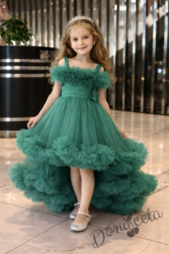Официална празнична детска рокля Мелиса в зелено с ефирен тюл на пластове с шлейф 