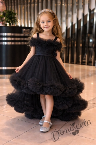 Официална празнична детска рокля Мелиса в черно с ефирен тюл с шлейф 