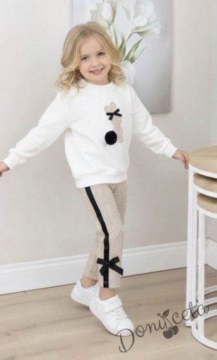 Детски комплект за момиче от 2 части - блуза в бяло със зайче и панталон в пепит с панделки