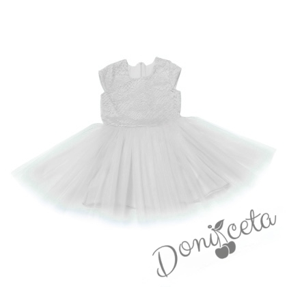 Детска официална рокля Крис с къс ръкав от дантела и тюл в бяло от колекция Снежина