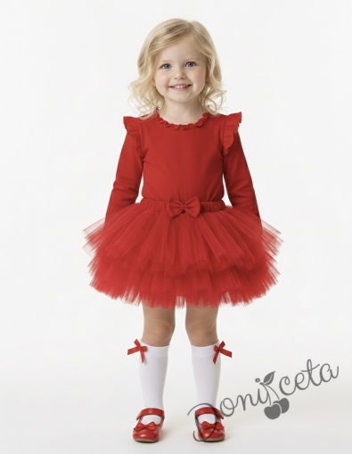 Комплект от 2 части-детска туту пола пачка в червено и блузка с дълъг ръкав в червено с къдрички на рамената и бието 