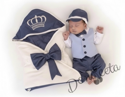 Бебешки елегантен комплект за изписване за момче светлосиньо, бяло и тъмносиньо 