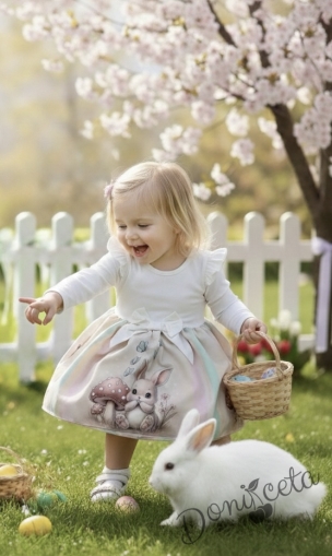 Детска ежедневна или официална рокля с дълъг ръкав в екрю с къдрички, панделка и зайче