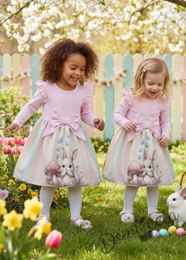 Бебешка или детска рокля в розово с къдрички, панделка и зайче