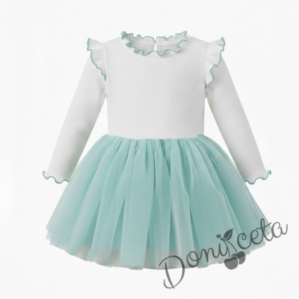 Детска ежедневна рокля с дълъг ръкав в бяло и тюркоаз с къдрички с кант в тюркоаз на рамената Оливия