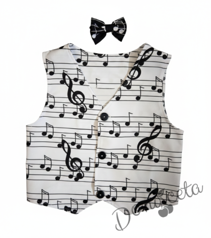 Елек за момче в бяло и черно с ноти с папийонка в черно на ноти