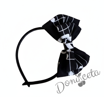  Диадема за коса с панделка с ноти в черно с бели нотички