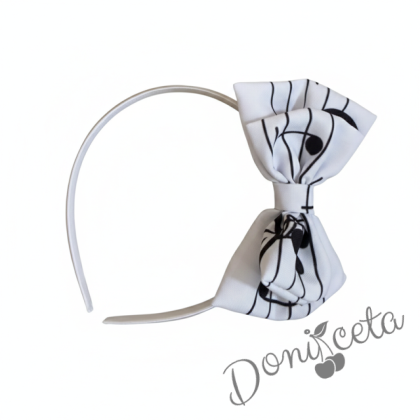  Диадема за коса с панделка с ноти в бяло с черни нотички