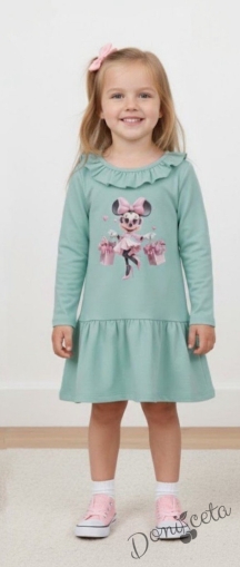 Детска рокля с дълъг ръкав с къдрички на бието в тюркоаз с любим герой