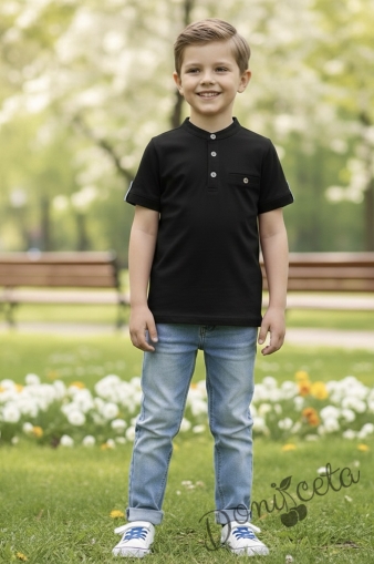 Детска блуза за момче в черно с къс ръкав и бежови копчета Ерик