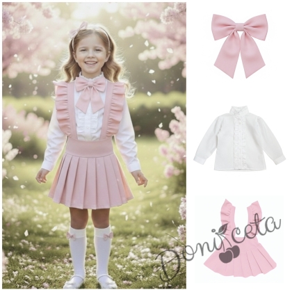 Комплект за момиче от 3 части- сукман Гери в розово с плисирана пола, риза в бяло с дълъг ръкав и къдрички и панделка в  розово
