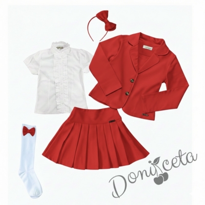 Комплект от 5 части пола Гери, сако в червено, ризка в бяло с къс ръкав, чорапи с панделка  в червено и диадема