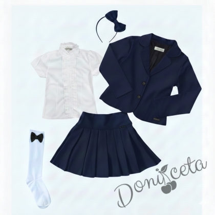 Комплект от 5 части пола Гери, сако в тъмносиньо, ризка в бяло с къс ръкав, чорапи с панделки и диадема 