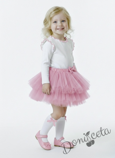 Комплект от 2 части-детска туту пола пачка в розово и блузка с дълъг ръкав в бяло с къдрички на рамената и бието с розов кант