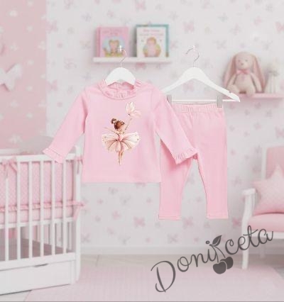 Бебешки комплект за момиче  от две части блузка с дълъг ръкав и къдрички  с панталон в розово