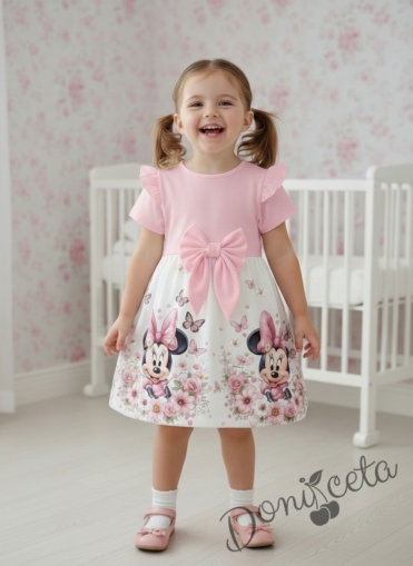Детска рокля в розово с къс ръкав, къдричка и панделка и с картинка 
