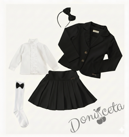 Комплект от 5 части пола Гери, сако в черно, ризка в бяло с дълъг ръкав, чорапи с панделка в черно и диадема