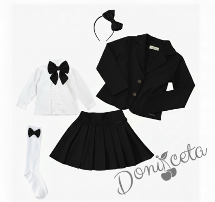 Комплект от 6 части пола Гери, сако в черно, ризка в бяло с дълъг ръкав, чорапи с панделка в черно, диадема iи панделка за ризка