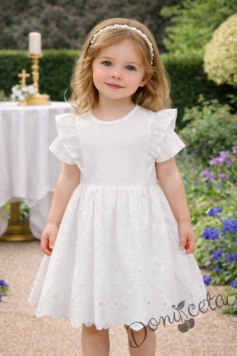 Детска официална или ежедневна рокля с къс ръкав в екрю с къдрички на рамената