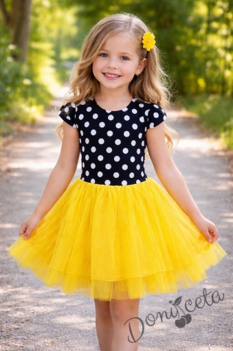 Детска рокля с къс ръкав на точки и тюл в жълто