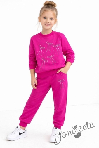 Спортен комплект за момиче от горнище и долнище в циклама с панделки