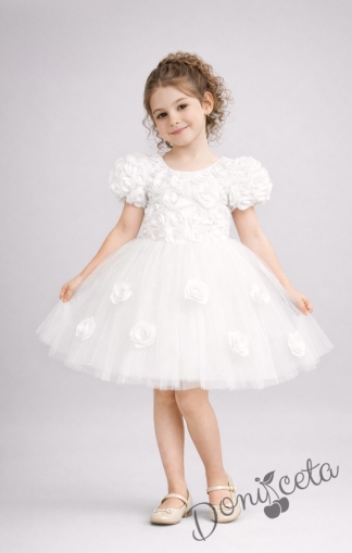Официална детска рокля Розана с къс ръкав с 3D рози и богат тюл в бяло от колекция Снежина