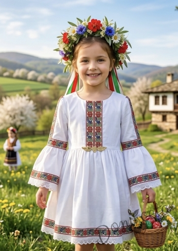 Детска етно рокля Ели тип носия с ръкав до лакътя в бяло с шевица и фолклорни мотиви 