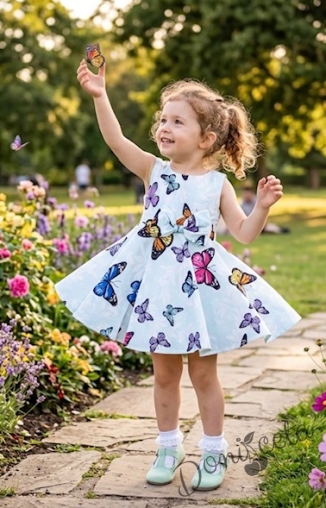 Детска рокля клош в тюркоаз с пеперуди 