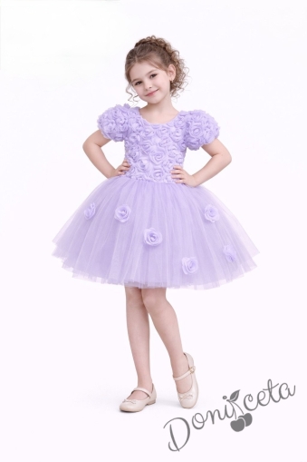 Официална детска рокля Розана с къс ръкав с 3D рози и богат тюл в лилаво