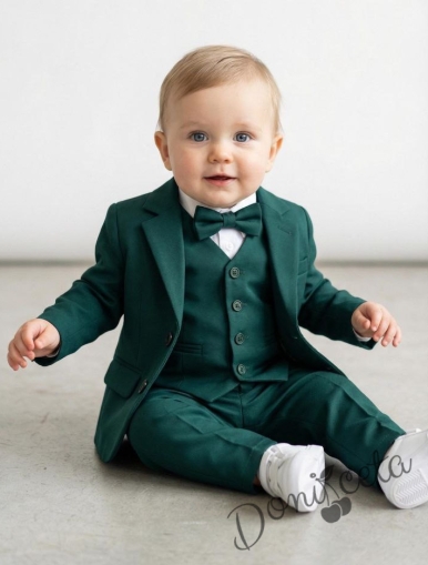 Официален детски костюм със сако за момче от 5 части в зелено-сако, панталон, риза, елек с един ред копчета и папийонка от колекция Зелениада