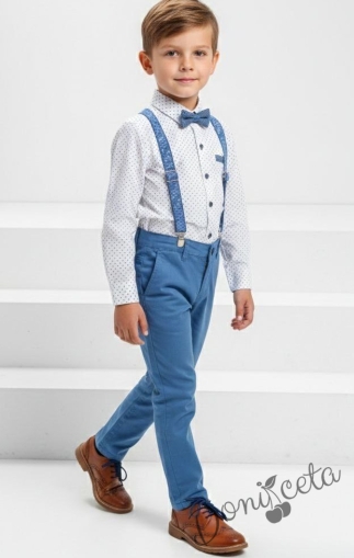 Комплект за момче от 4 части - риза в бяло с орнаменти в синьо, панталони, тиранти и папийонка в синьо