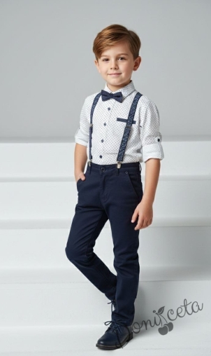Комплект за момче от 4 части-риза в бяло с тъмносини орнаменти, панталони, тиранти и папийонка в тъмносиньо  от колекция Тъмносиняда