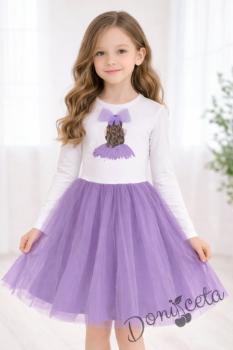 Детска ежедневна рокля с дълъг ръкав в лилаво с красива картинка с момиченце 