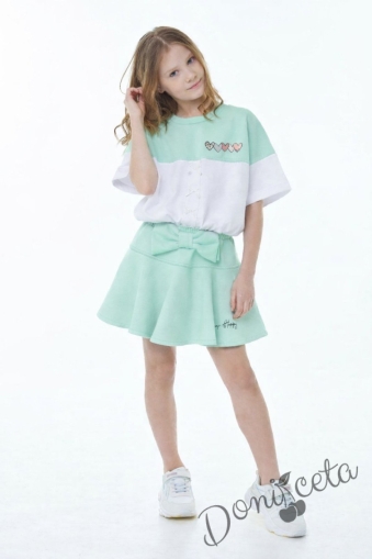 Комплект за момиче от 2 части- пола панталон в зелено и блуза с къс ръкав